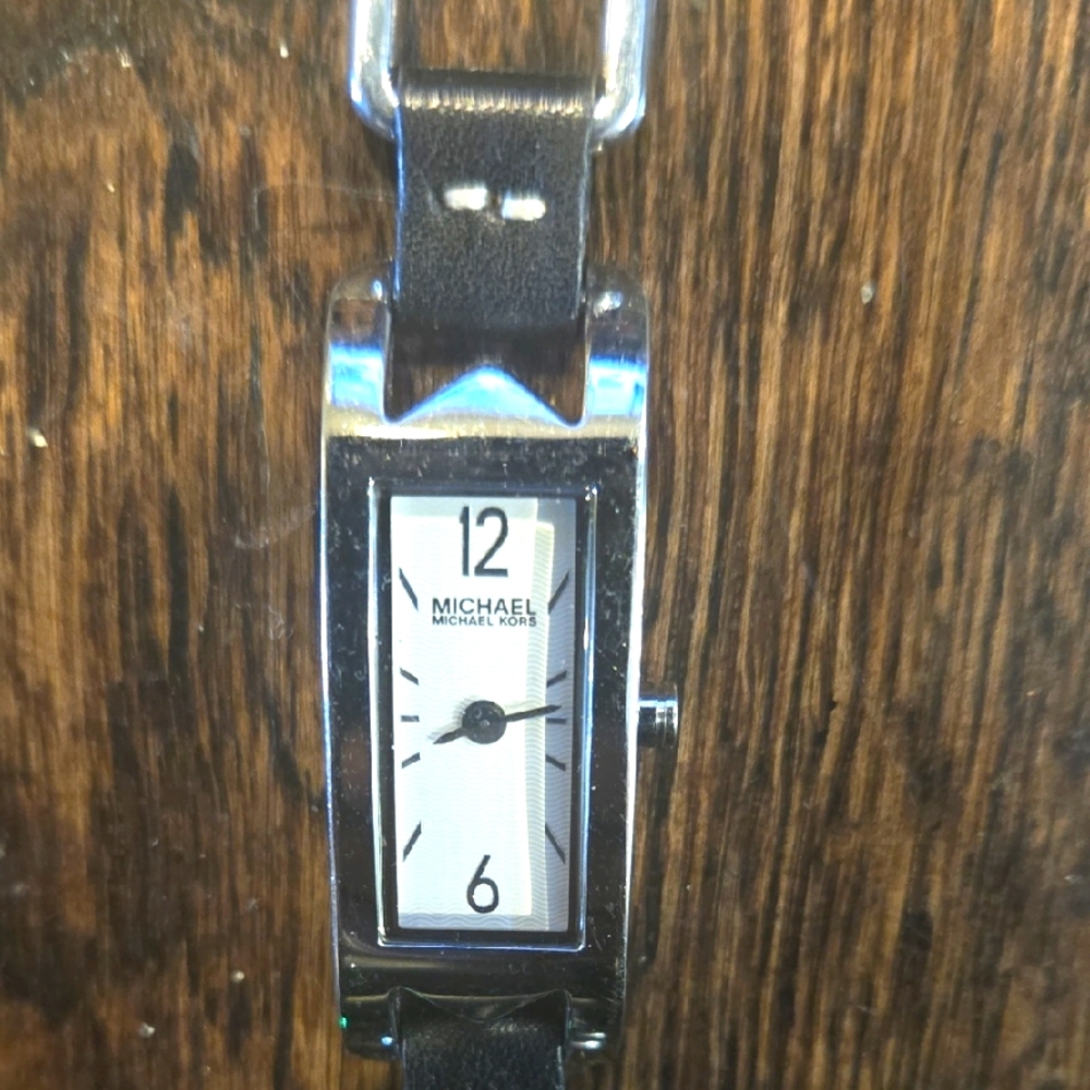 Michael Kors Black Leather and Silver Watch